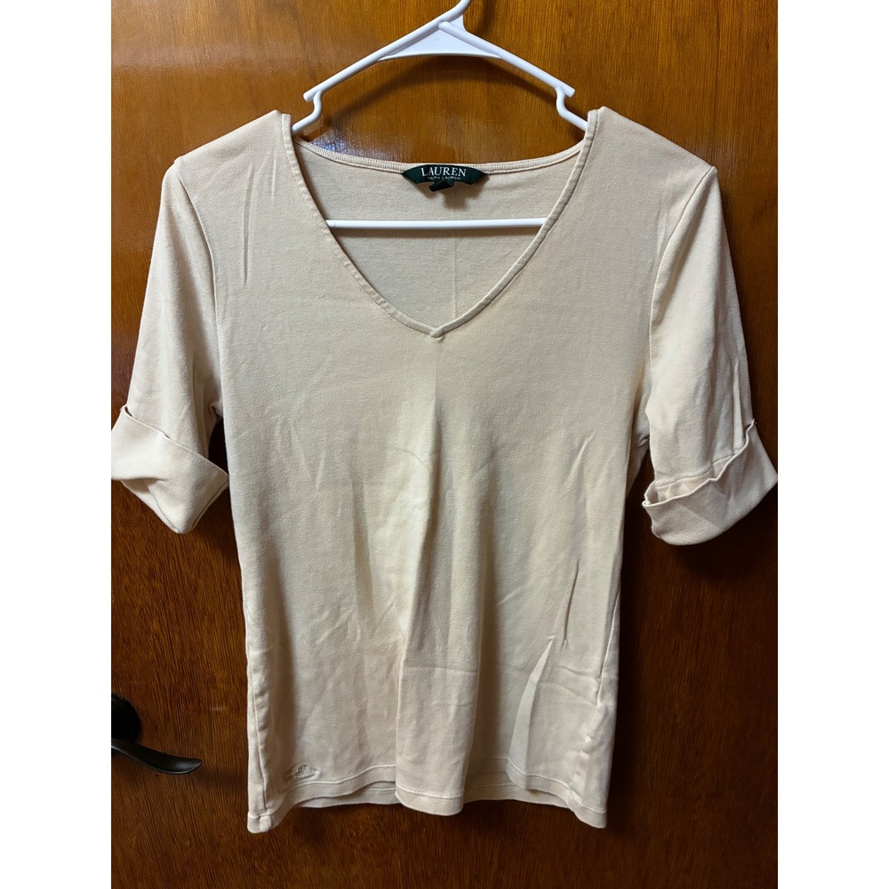 Lauren Ralph Lauren Top Womens Medium Cream V-Neck Cuffed Sleeve Vintage Classic